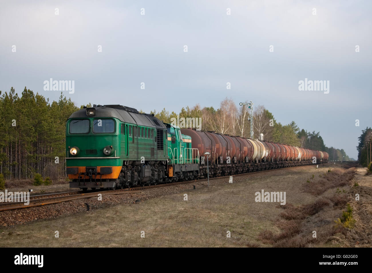 Train de fret tiré par deux locomotives diesel en passant la forêt Banque D'Images