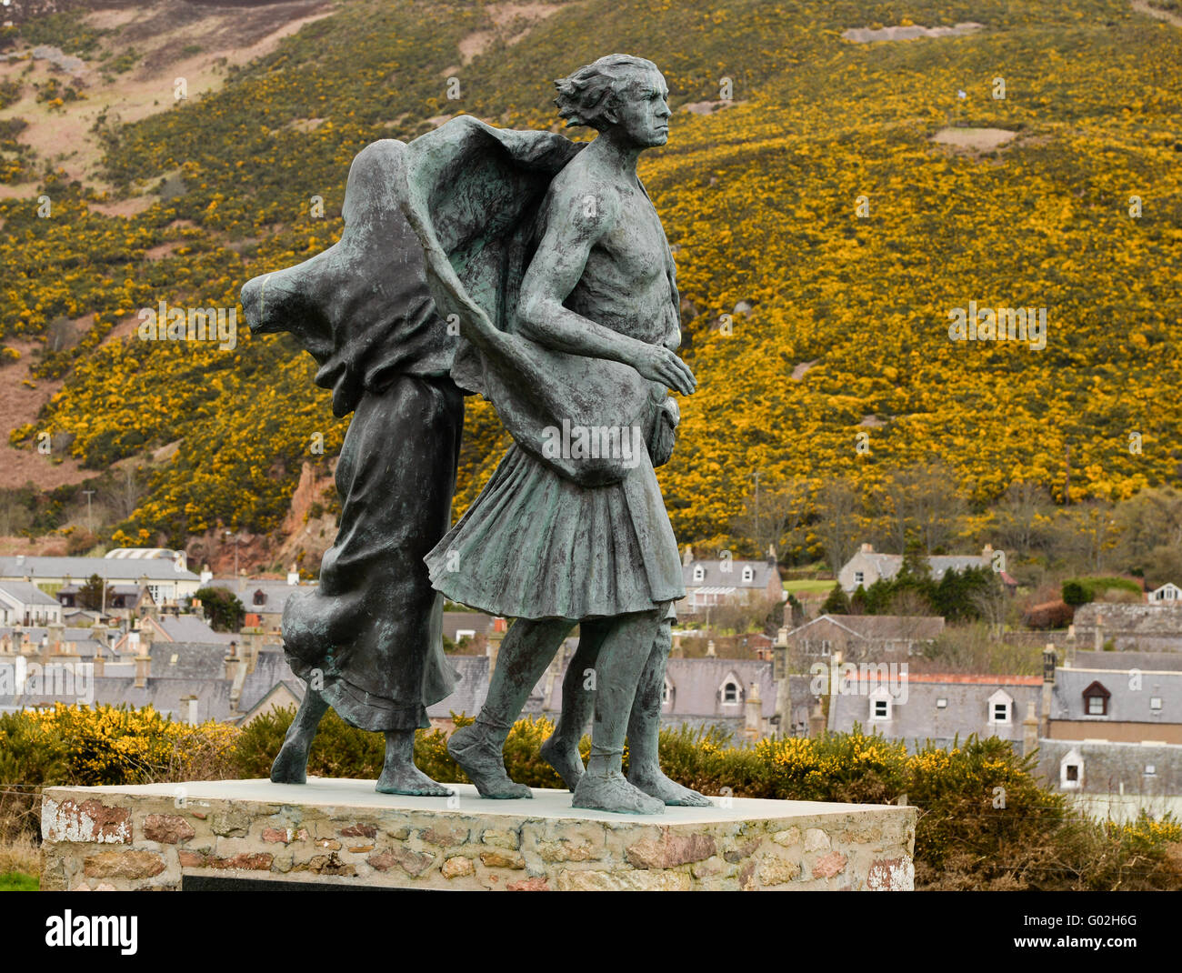 Les émigrants statue dans le village de Sutherland Helmsdale Banque D'Images