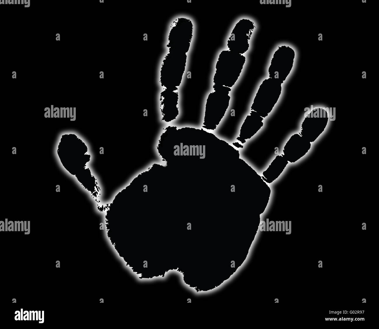 Palm imprimer sur un fond noir avec une aura. Banque D'Images