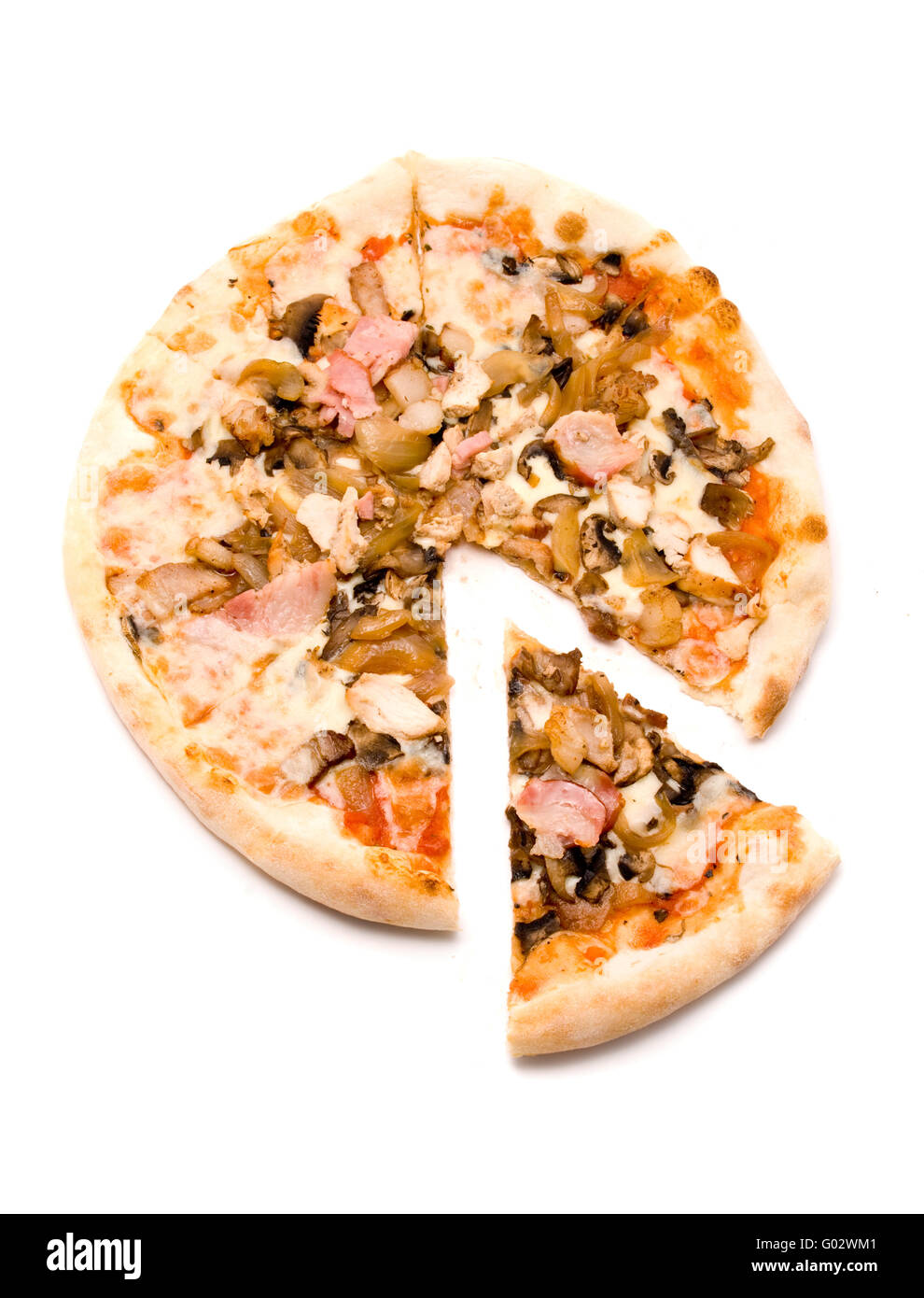 Pizza au porc et une poule d'or, oignons, champignons Banque D'Images