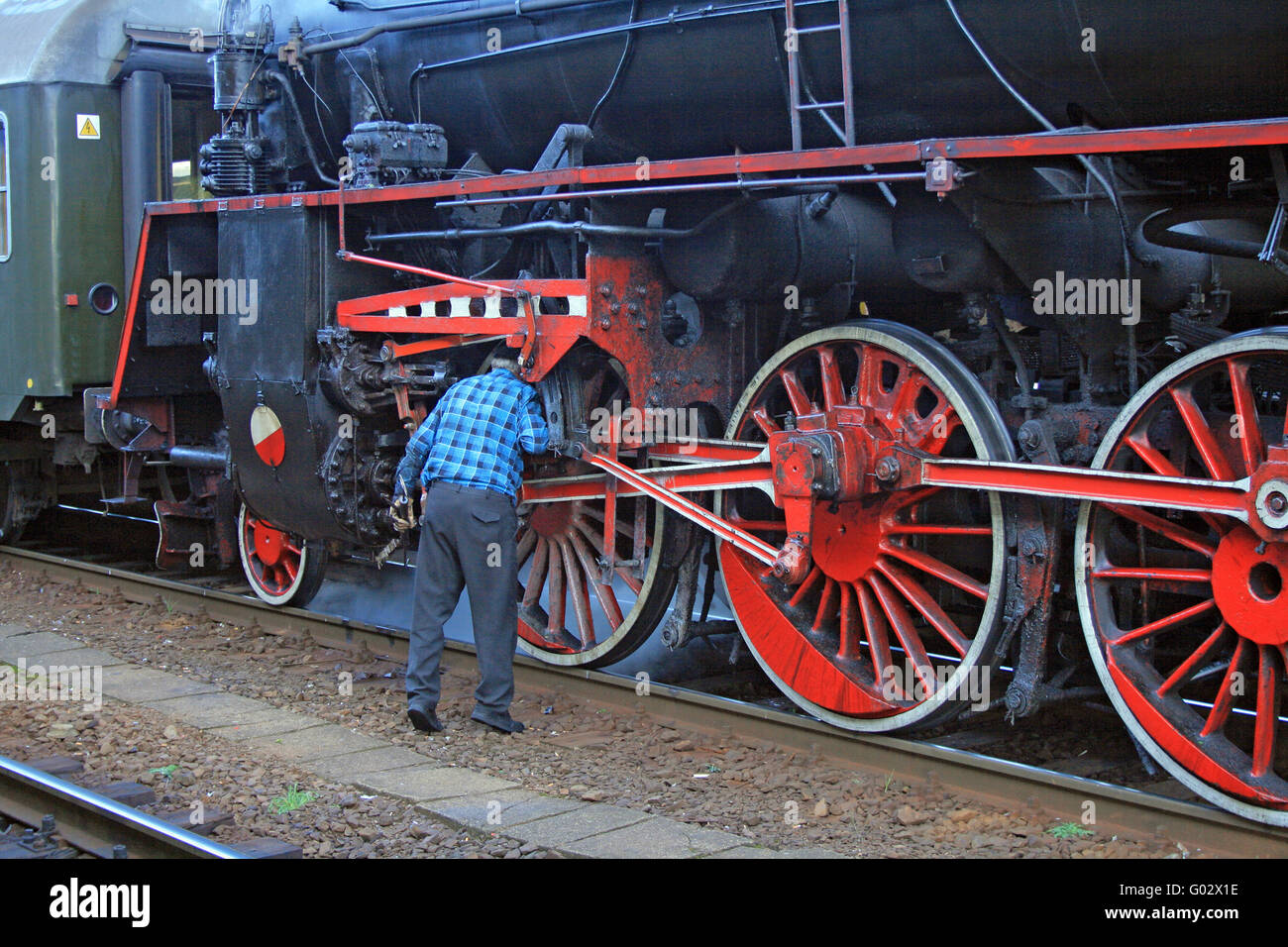 L'Homme faisant la réparation sur la vieille locomotive à vapeur Banque D'Images