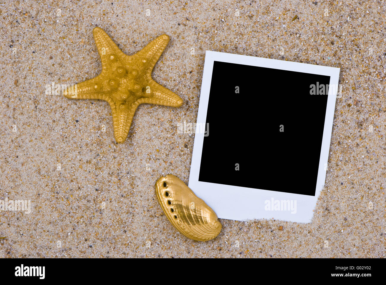 Or cadre photo avec des coquillages sur fond de sable Banque D'Images