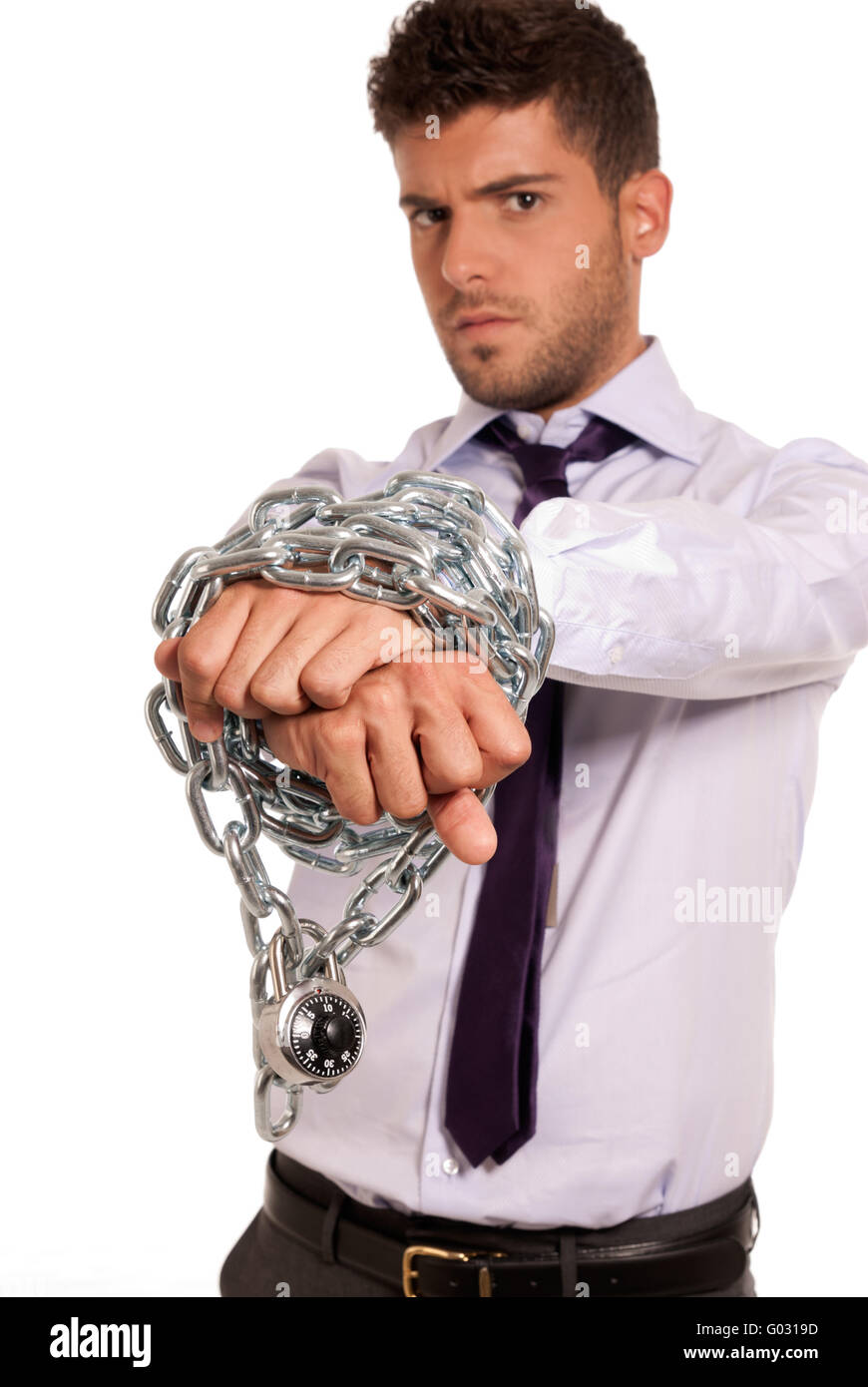 Businessman mains enchaînés avec chaîne et cadenas Banque D'Images
