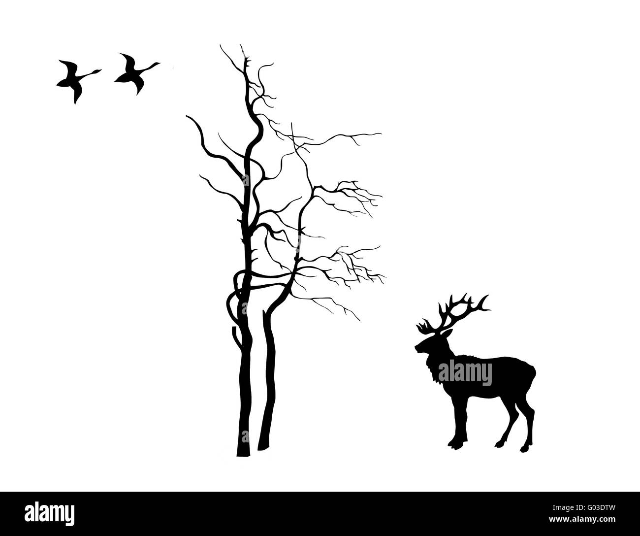 Silhouette vecteur deer près de l'arbre sur fond blanc Banque D'Images