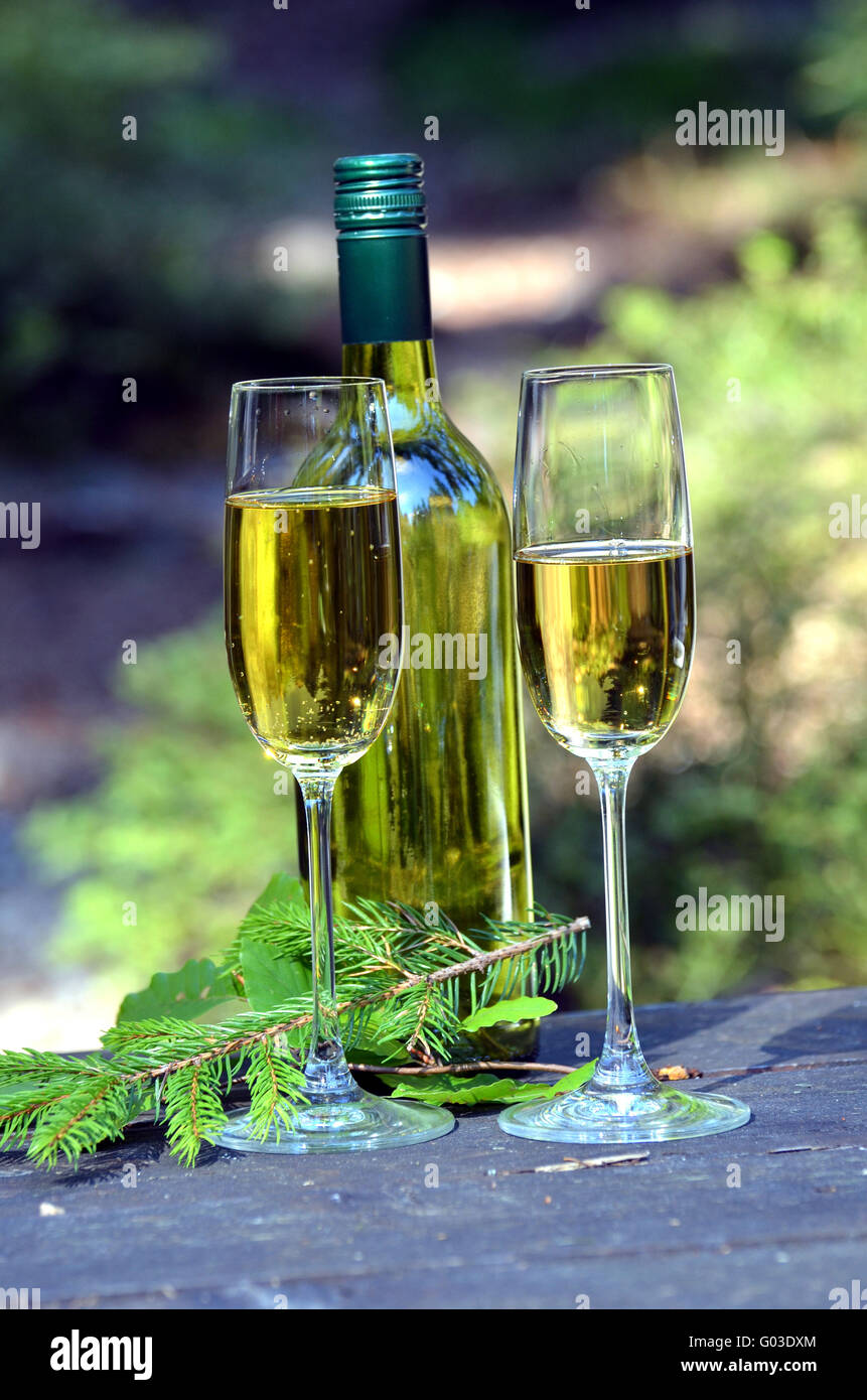 Flacon en verre de champagne pique-nique romantique dans le bois Banque D'Images