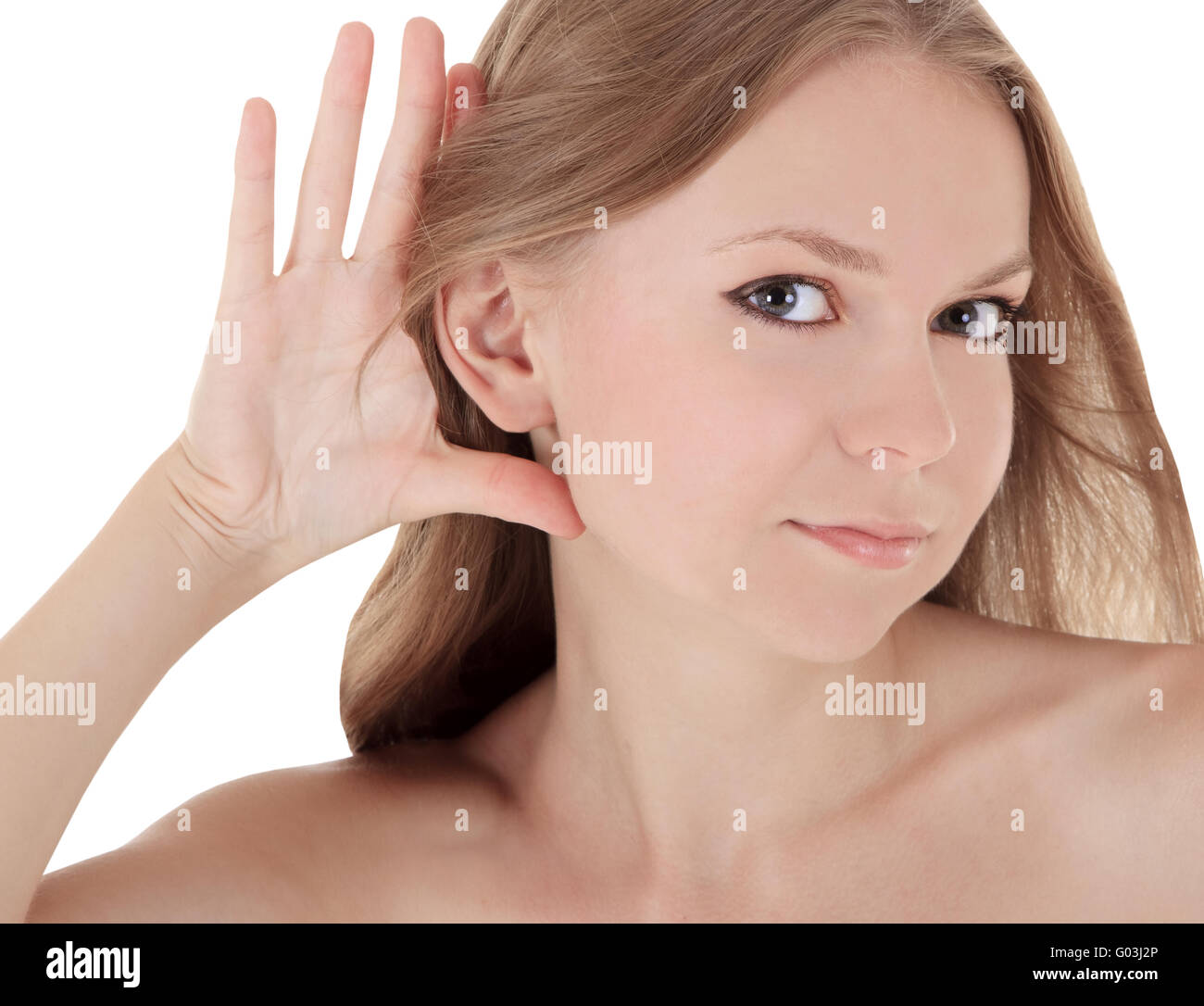 Image lumineuse de la jeune brunette listening gossip news Banque D'Images