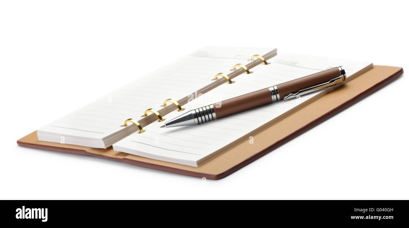 Ouvrir avec bloc-notes et stylo élégant de liaison en cuivre Banque D'Images