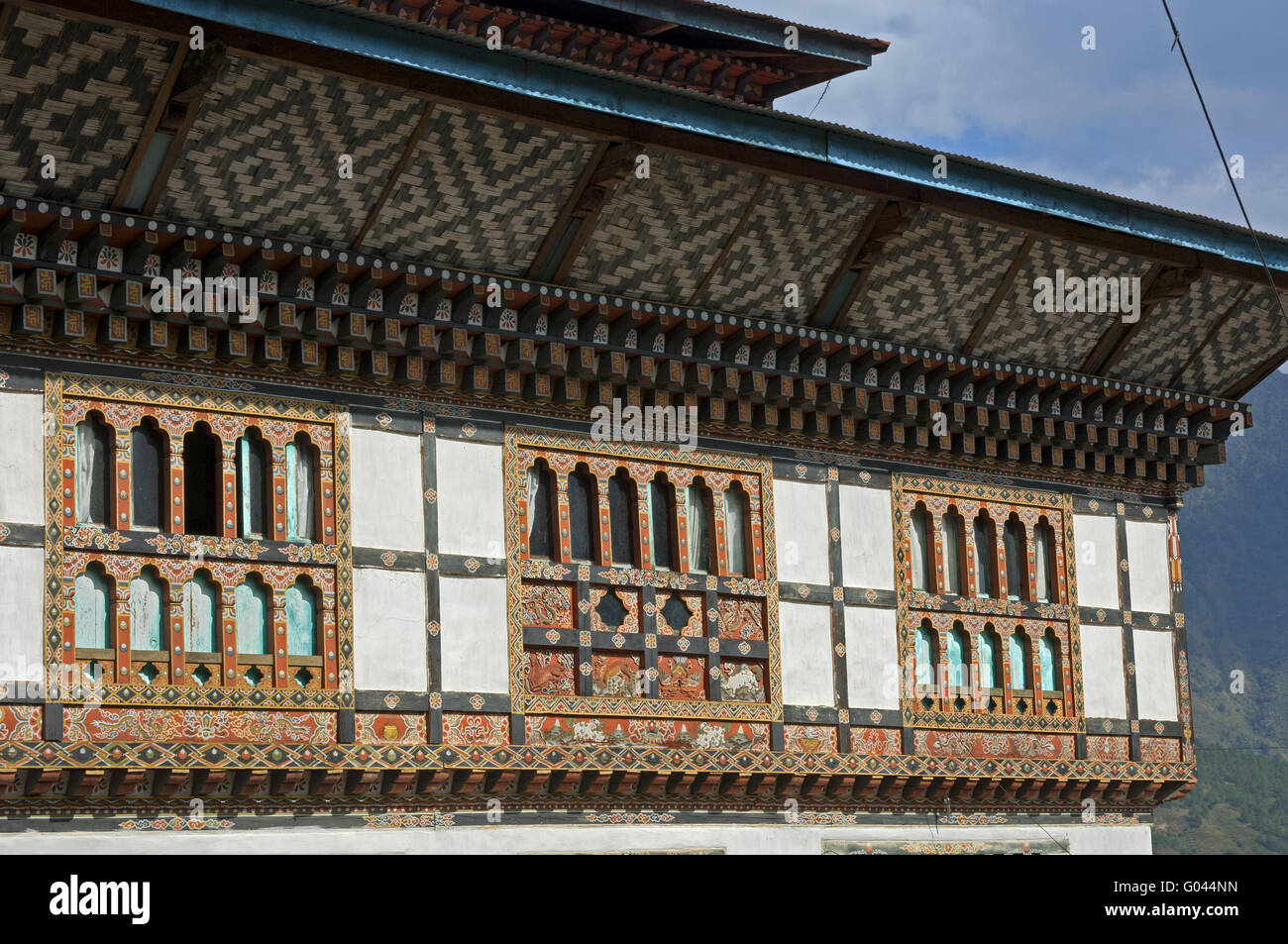 Ornate avant d'une maison de ferme, le Bhoutan Bhoutan Banque D'Images