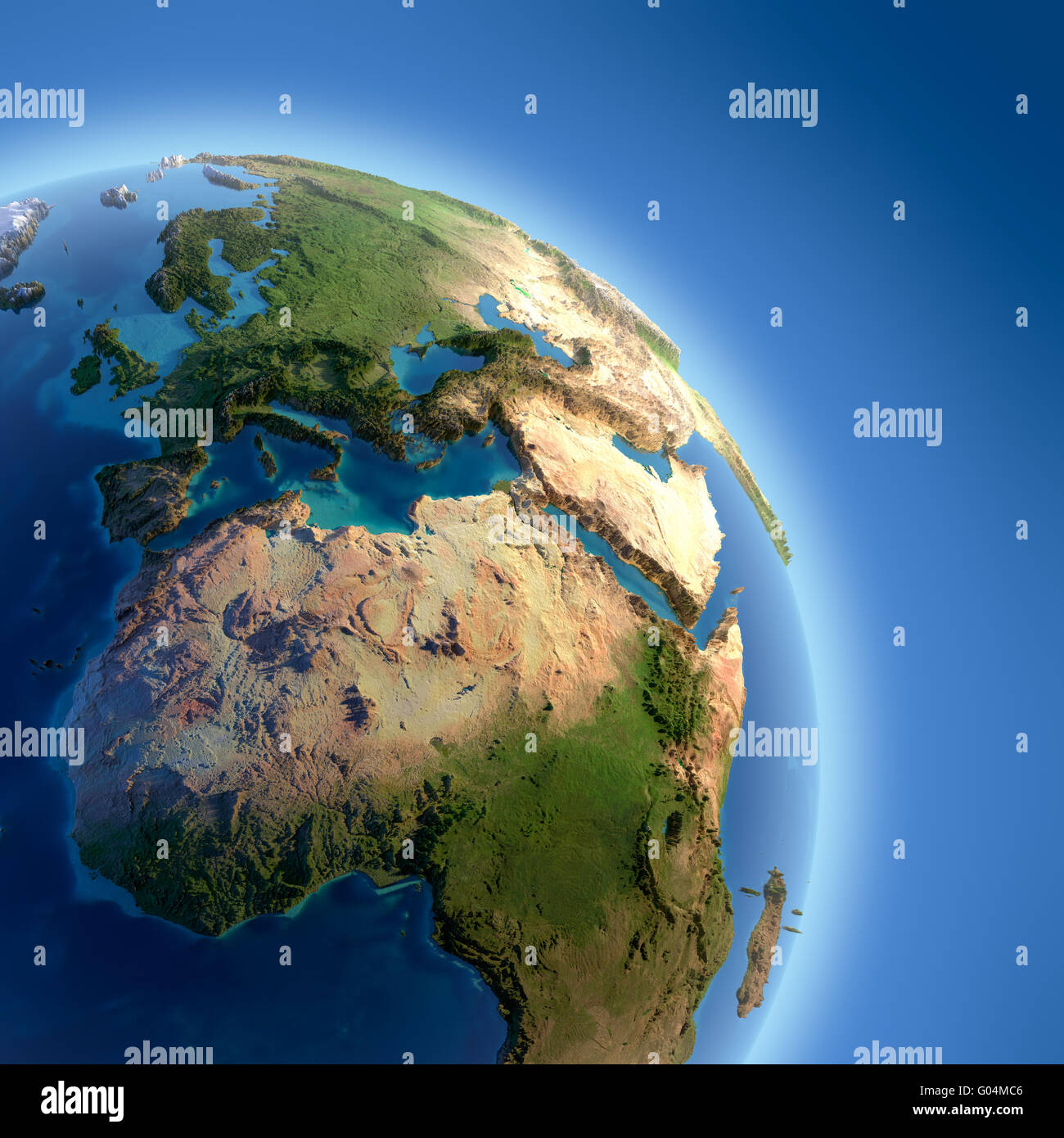 Terre avec haut-relief, illuminée par le soleil Banque D'Images