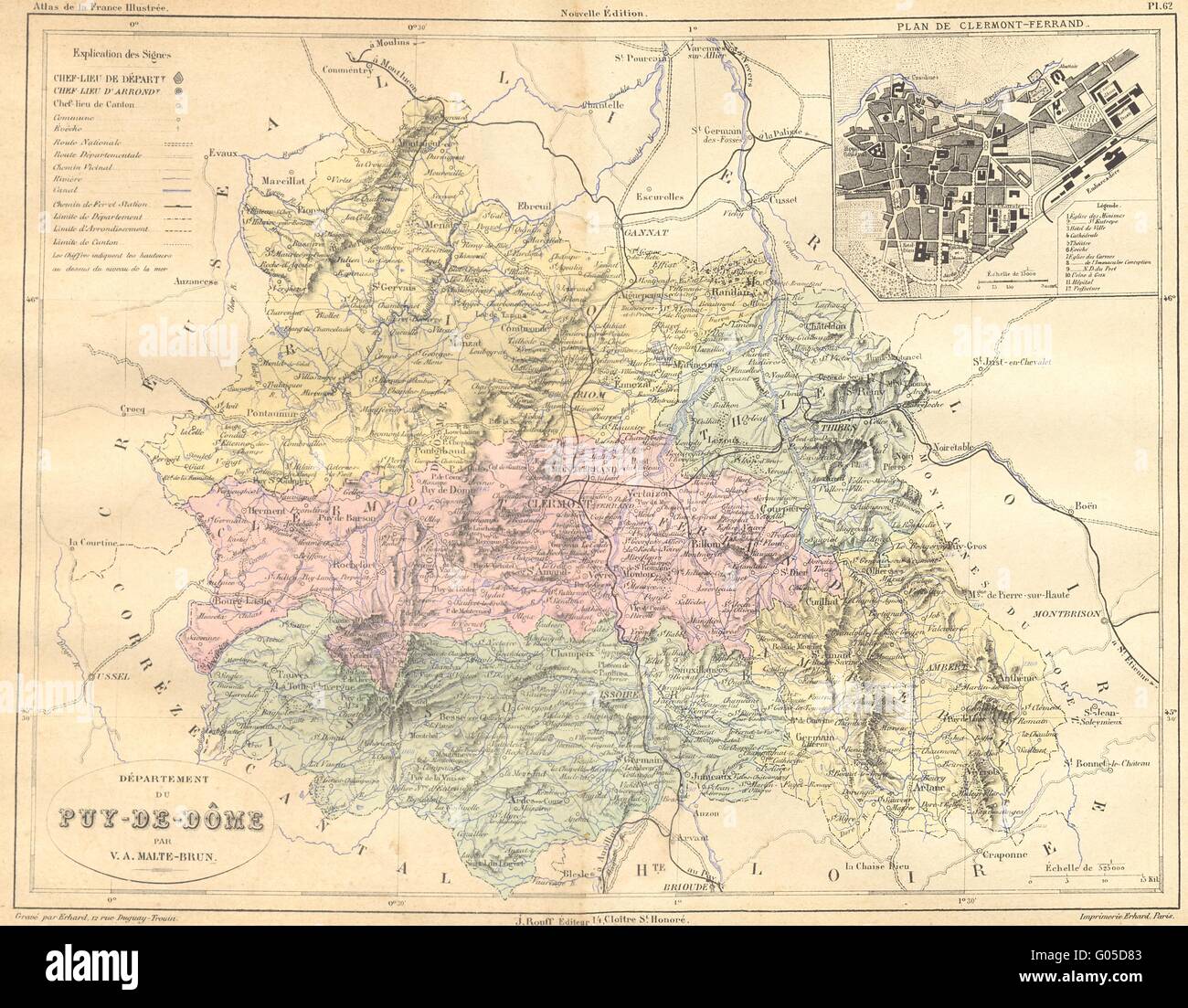 PUY DE DOME : Dept du-Dome ; planifier, Clermont-Ferrand 1882 carte antique Banque D'Images
