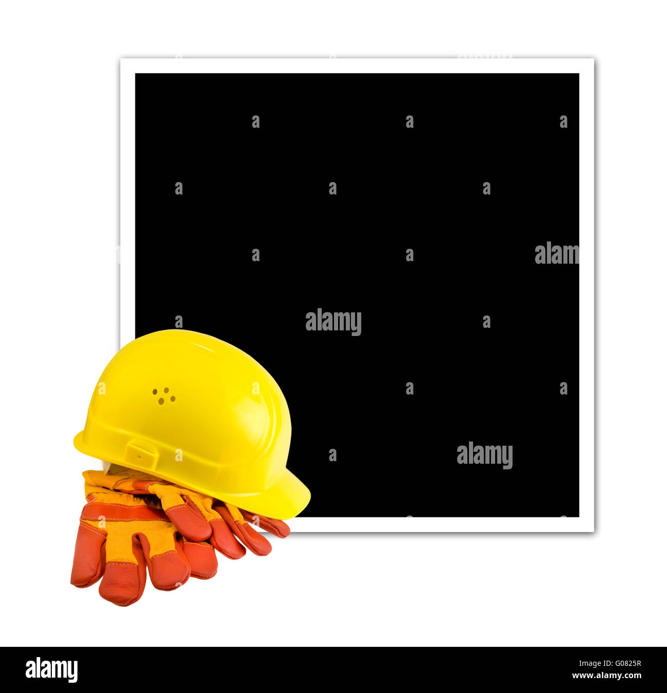 Casque jaune et des gants isolés avec cadre vide Banque D'Images