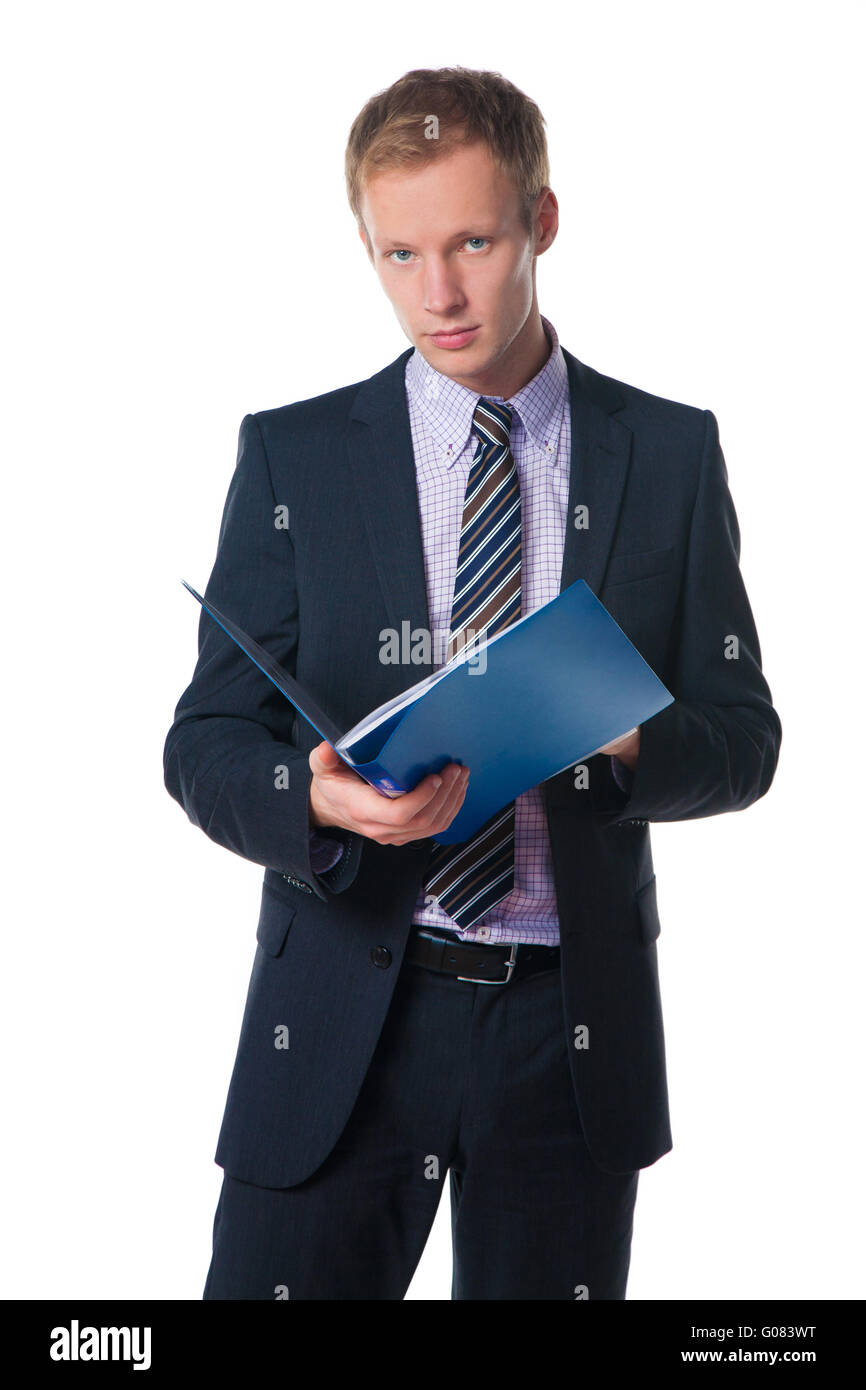 Handsome businessman holding blue dossier avec doc Banque D'Images