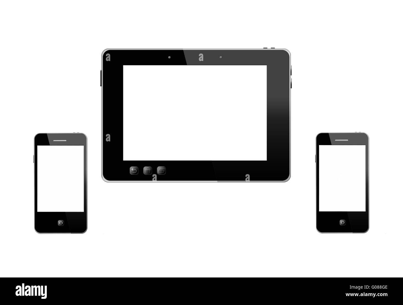 Tablette noir et deux téléphones mobiles modernes isolated Banque D'Images