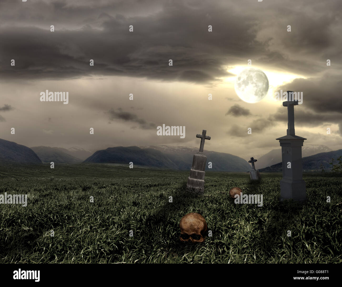 Spooky Halloween cimetière avec des nuages sombres et la lune Banque D'Images