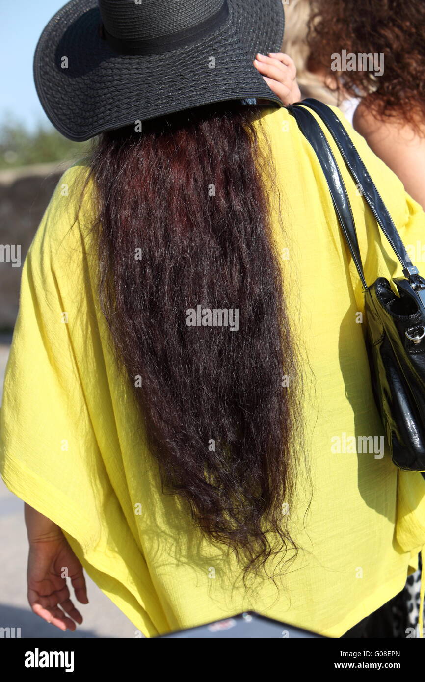 Vue arrière d'une femme aux longs cheveux de brunette Banque D'Images