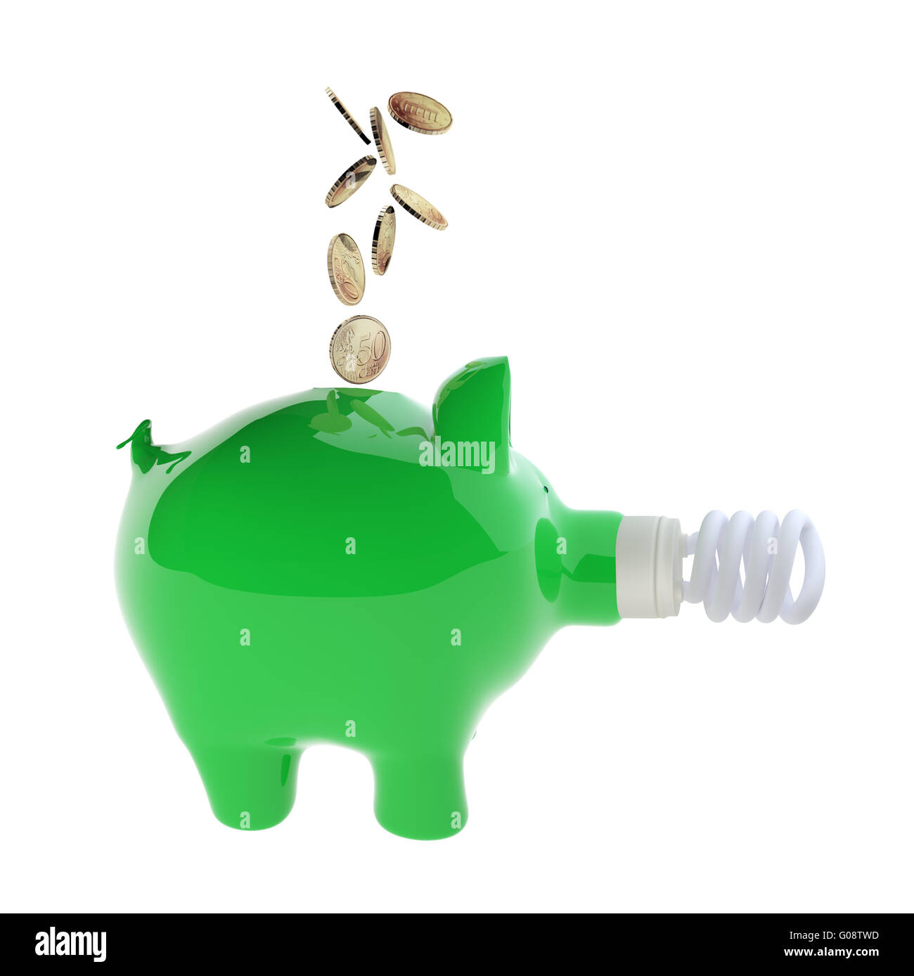 Les pièces en euros tomber dans green tirelire avec ampoule écoénergétique Banque D'Images