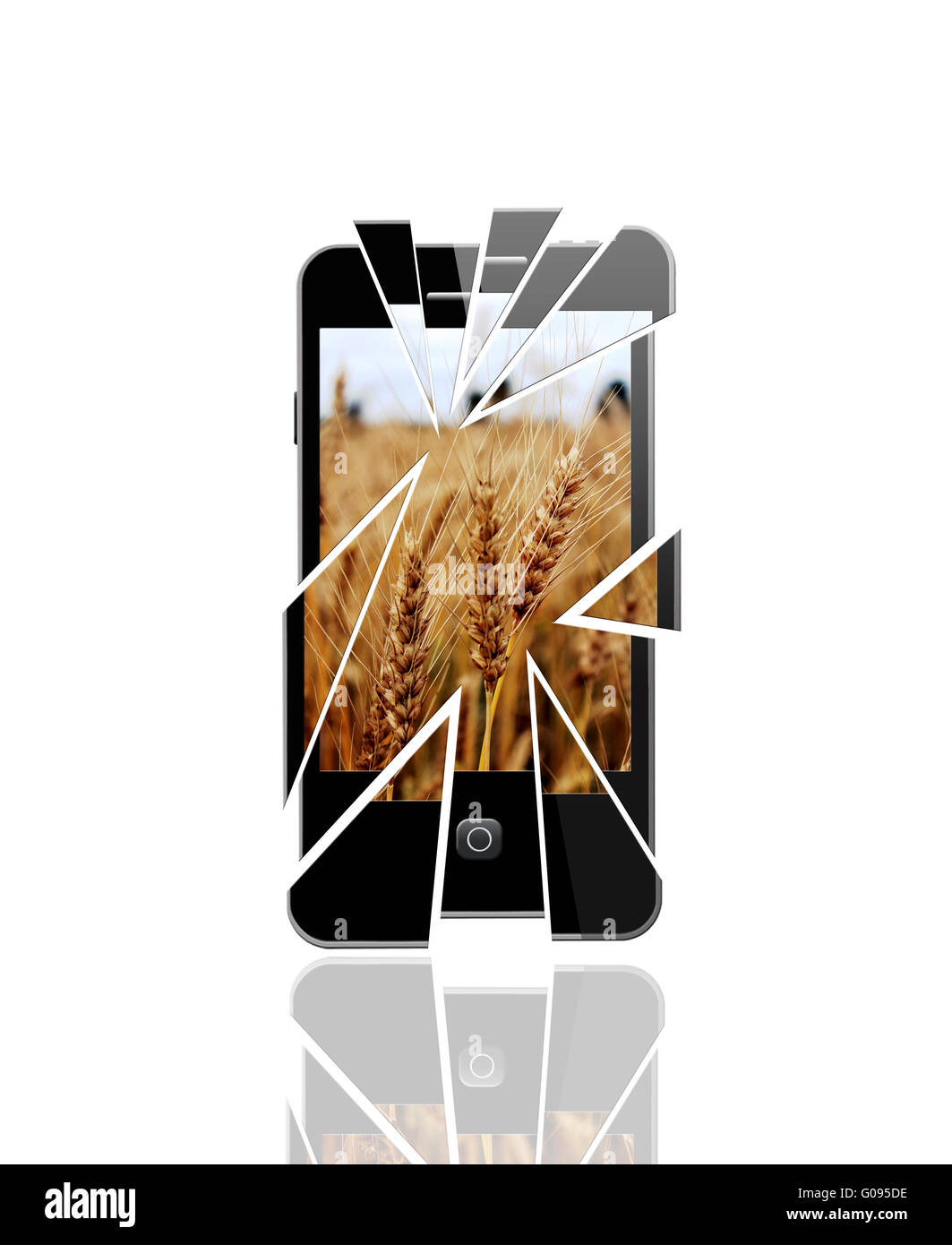 Broken moderne smartphone avec éclats sur l'essai whi Banque D'Images