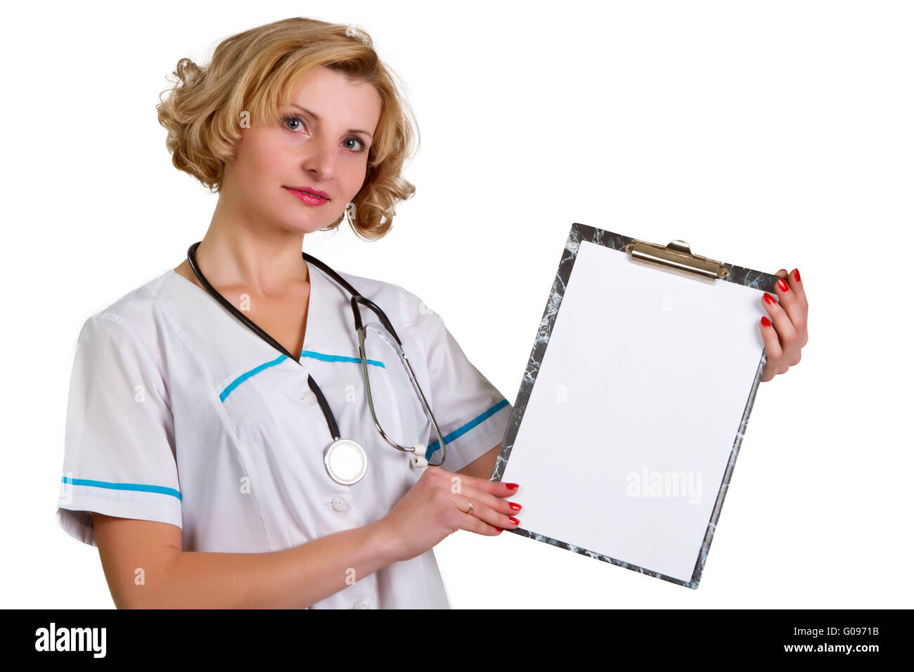 Portrait of young happy smiling female doctor with clipboard isolated over white Banque D'Images