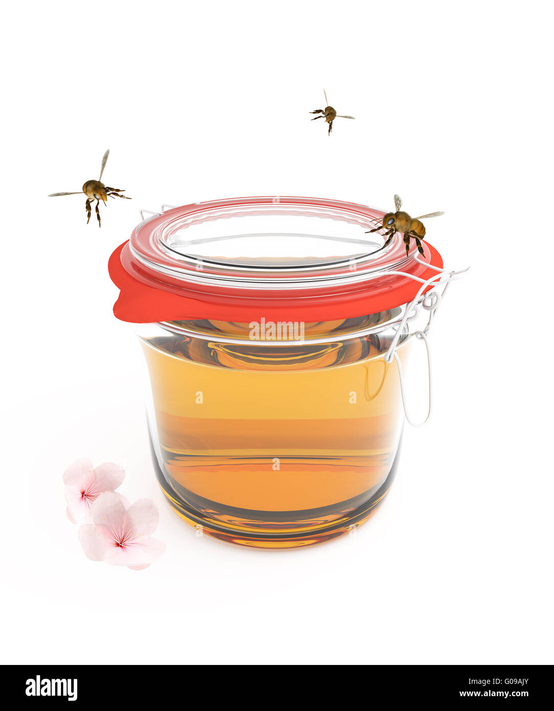Bocal en verre avec du miel et des abeilles isolated on white Banque D'Images