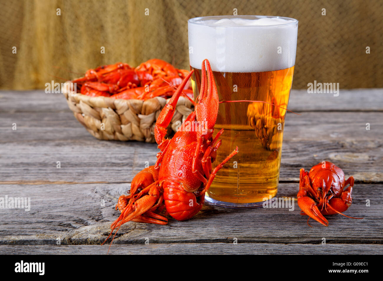 Les écrevisses bouillies savoureuses et bière sur table ancienne Banque D'Images
