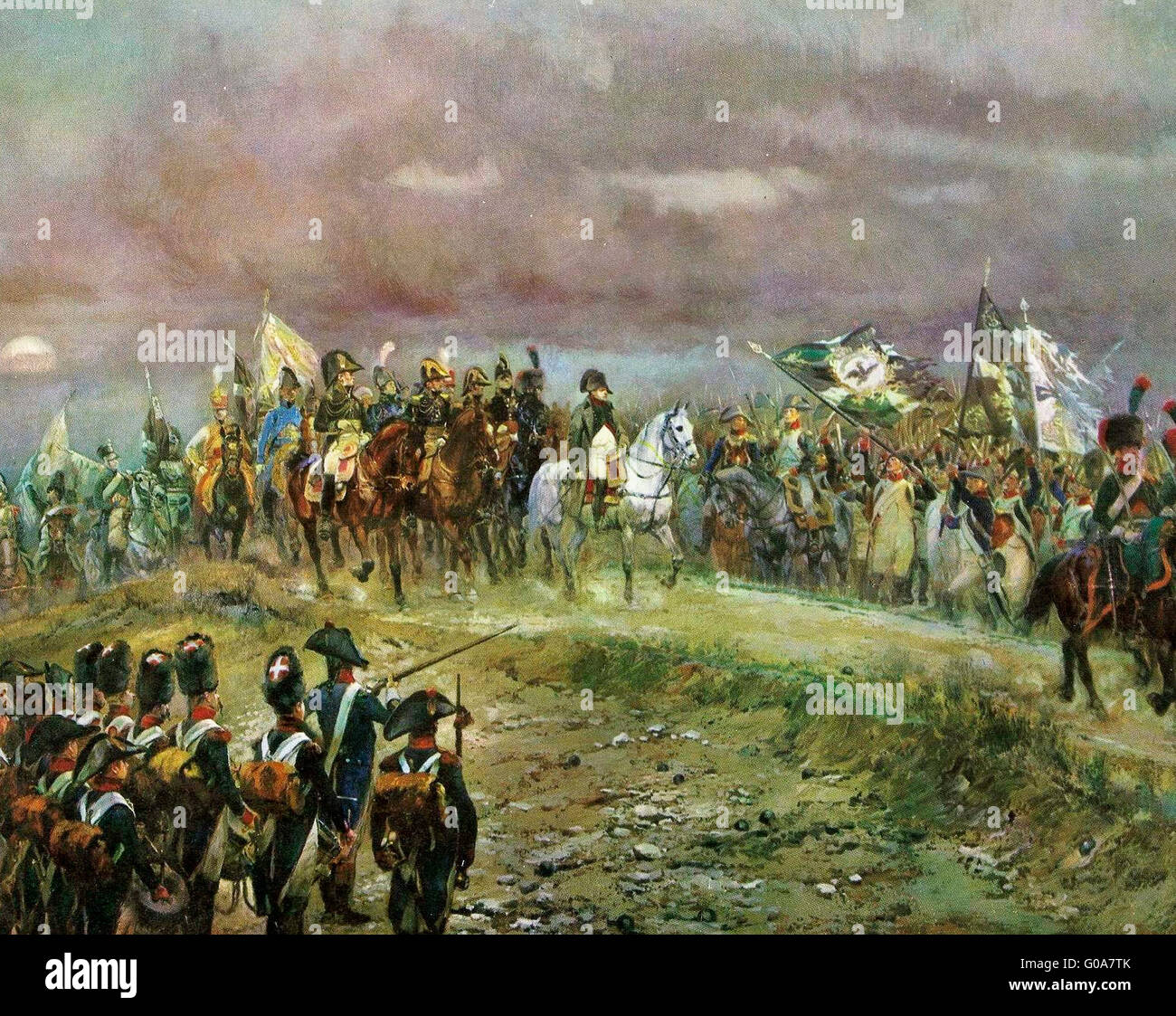 Les troupes françaises présentant les normes de Prusse capturé à Napoléon après la bataille d'Iéna. Banque D'Images