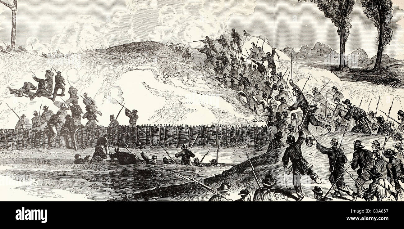 Siège de Vicksburg - le vingt-troisième de l'Indiana et l'Illinois quarante-cinquième régiments, Leggett's Brigade, Division de Logan, McPherson's Corps, Storming Fort Hill, après l'explosion de la mine, le 26 juin 1863. Guerre civile USA Banque D'Images