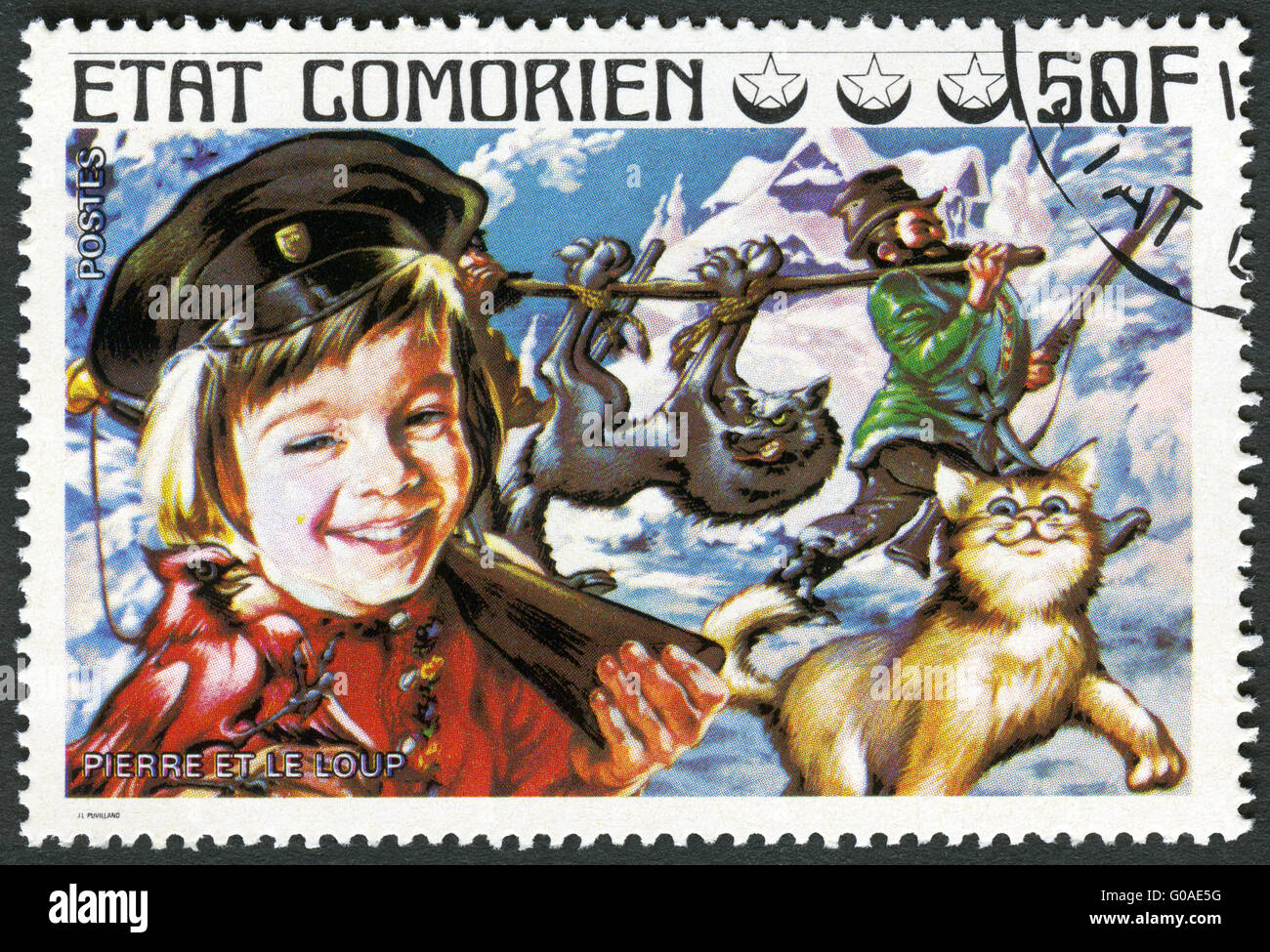 COMORES - 1976 : affiche de pierre et le loup, série Fairy Tales Banque D'Images
