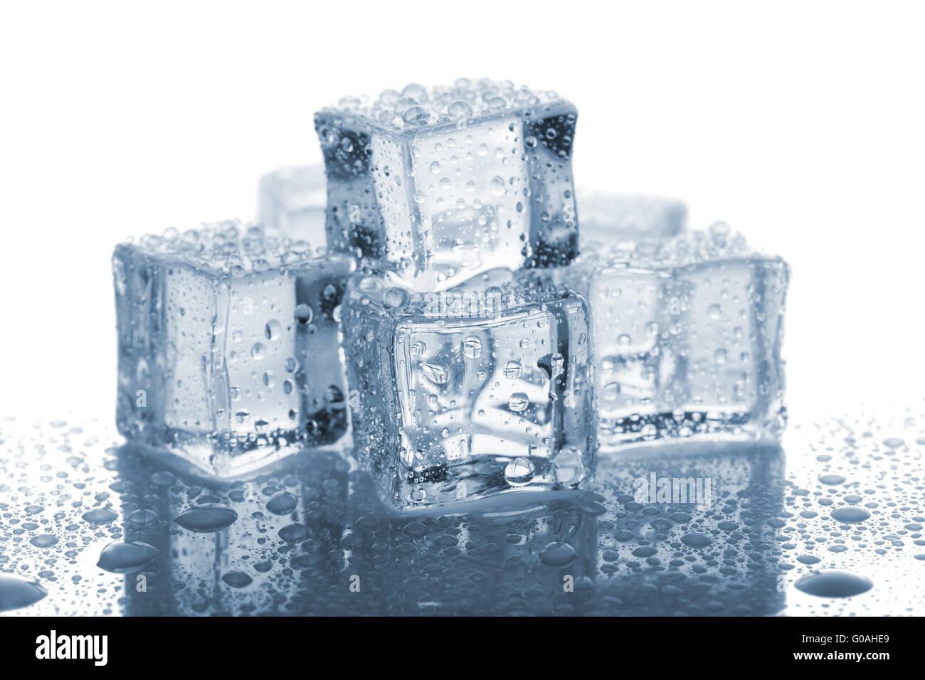Six cubes de glace fondue avec des gouttes d'eau sur bac blanc Banque D'Images