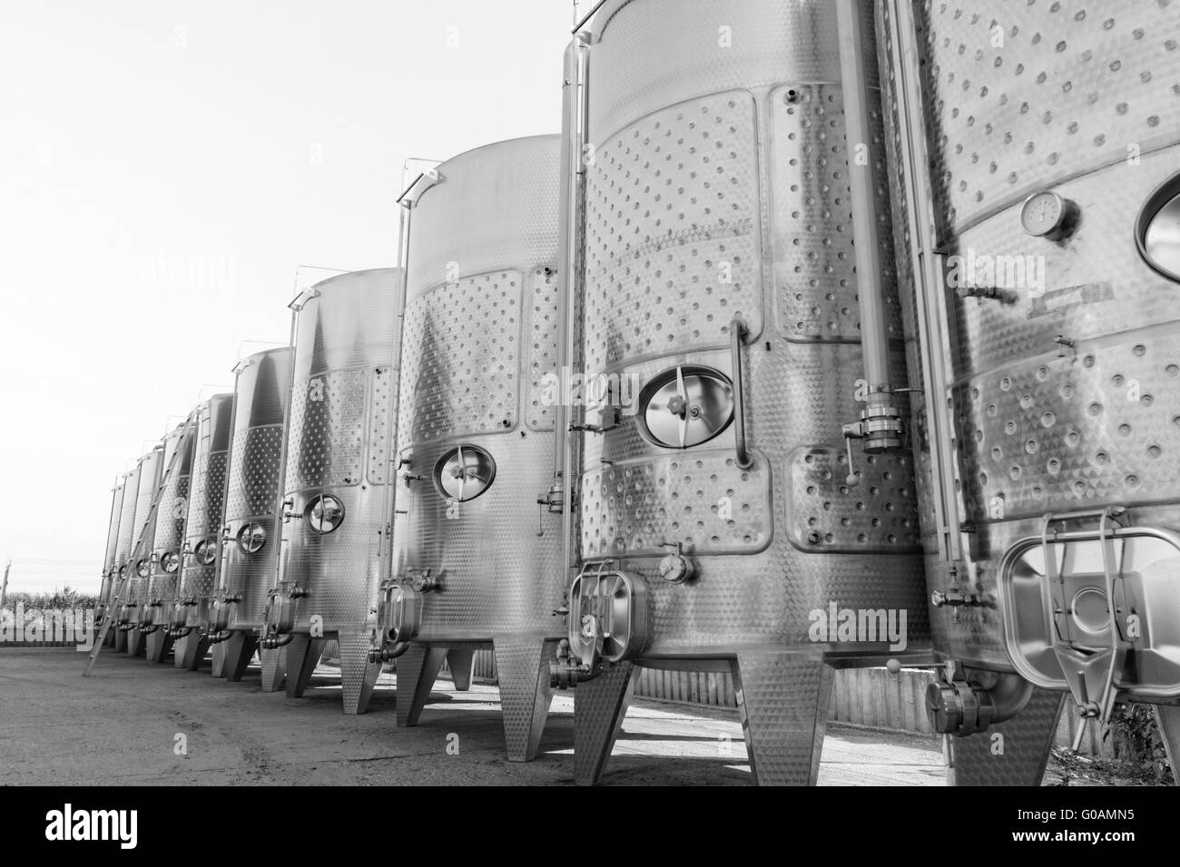 L'aluminium moderne barils où le jus de raisin en vin est vieilli Banque D'Images