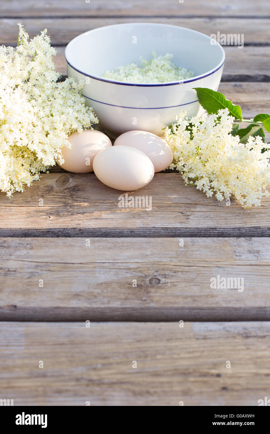 Ingrédients : oeufs et elderflowers Banque D'Images