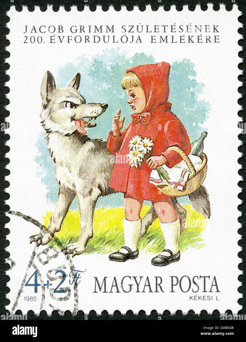 Hongrie - 1985 : affiche le Petit Chaperon Rouge et le loup, par les frères Grimm, Jacob (1785-1863) et Wilhelm (1786-1859) Grim Banque D'Images