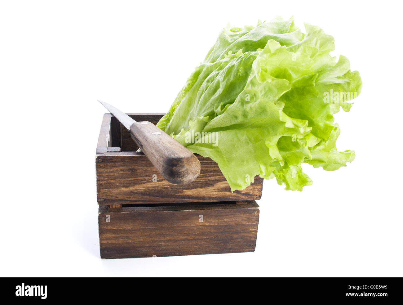 Salade fraîche dans un coffret en bois avec knife on white Banque D'Images