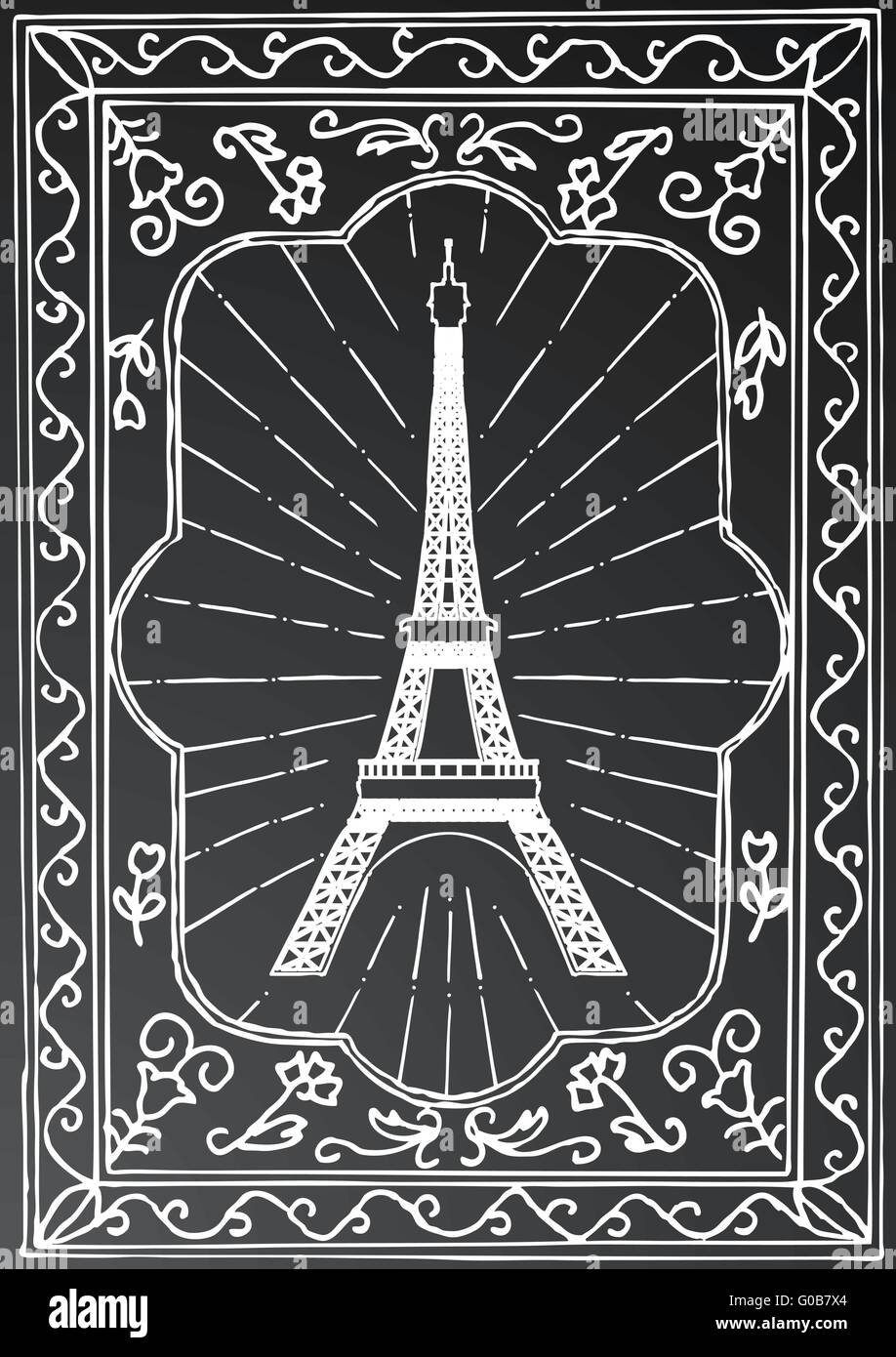 Hand drawn Tour Eiffel à Paris. La France. Vector illustration. La Tour Eiffel avec rayons x et cadre blanc sur fond noir. Illustration de Vecteur