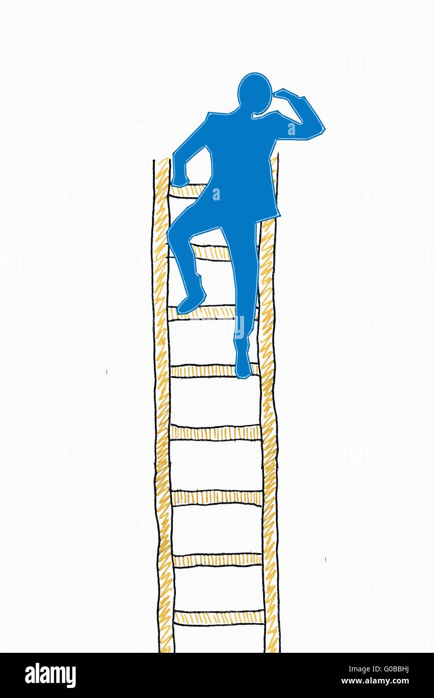 Recherche concept, l'homme en montant vers le haut d'une échelle et la recherche Banque D'Images Recherche concept, l'homme en montant vers le haut d'une échelle et la recherche Banque D'Images