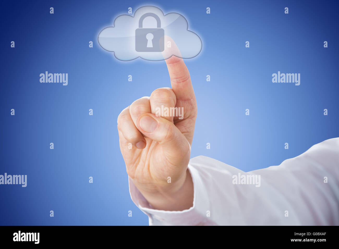 Bouton de verrouillage en poussant du doigt l'icône nuage bleu sur Banque D'Images