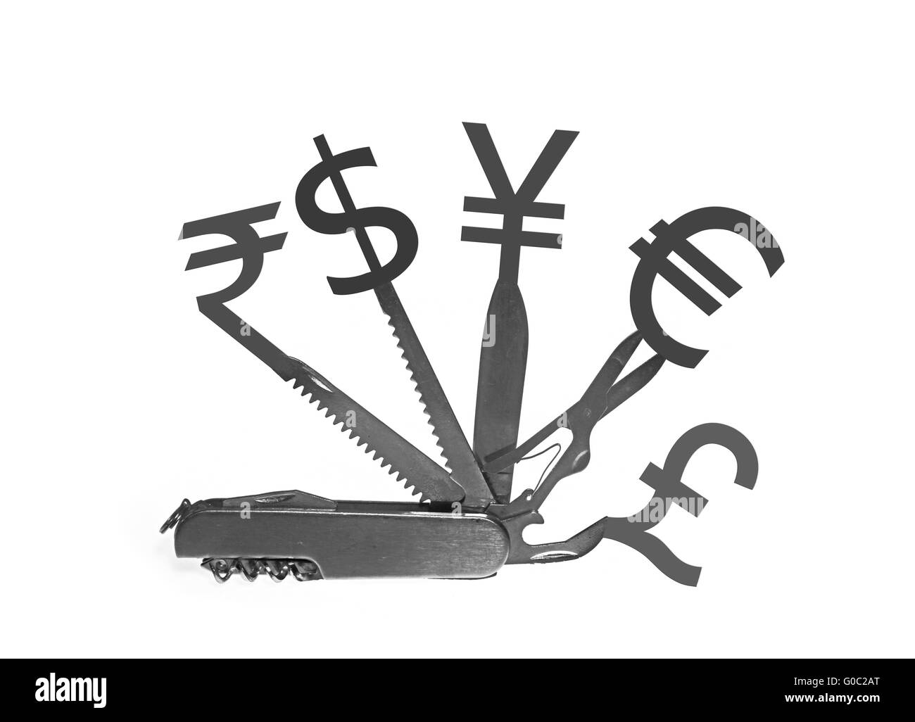 Couteau suisse avec différents symboles monétaires, Concept Banque D'Images