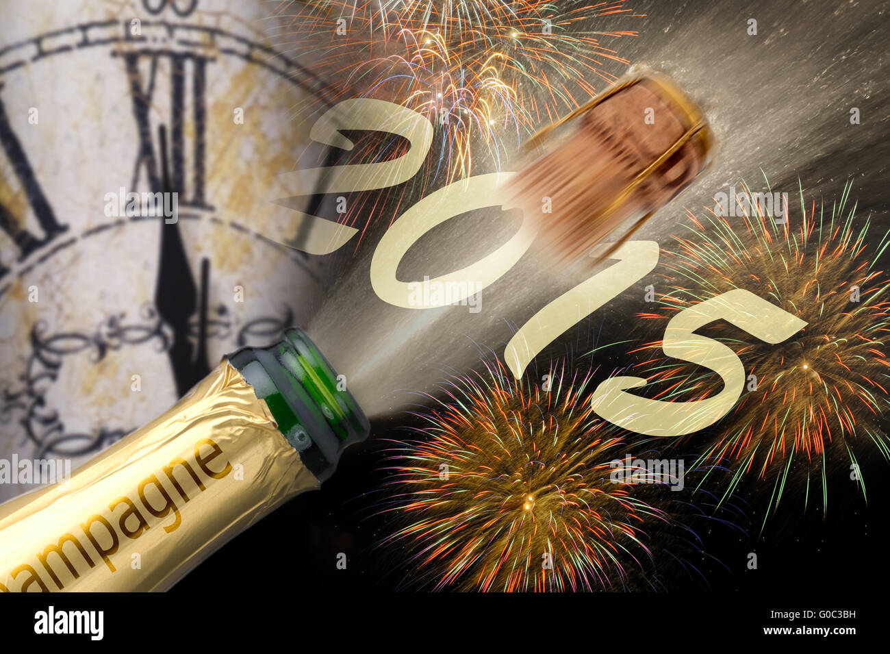Nouvelle année 2015 avec popping champagne et firework Banque D'Images