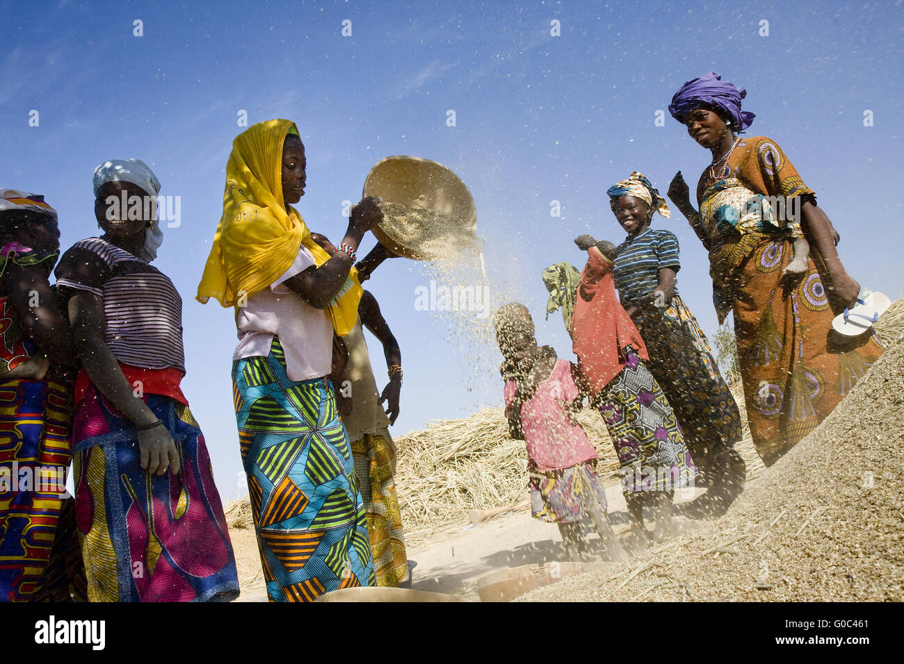 Groupe de femmes vanner le mil. Takorka. Niger Banque D'Images