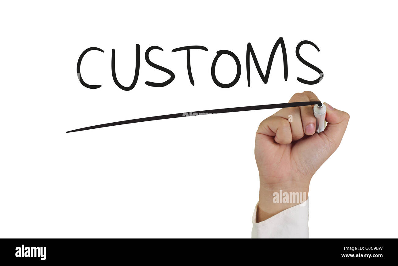 Concept d'image d'une main tenant le marqueur et écrire les coutumes isolated on white Banque D'Images