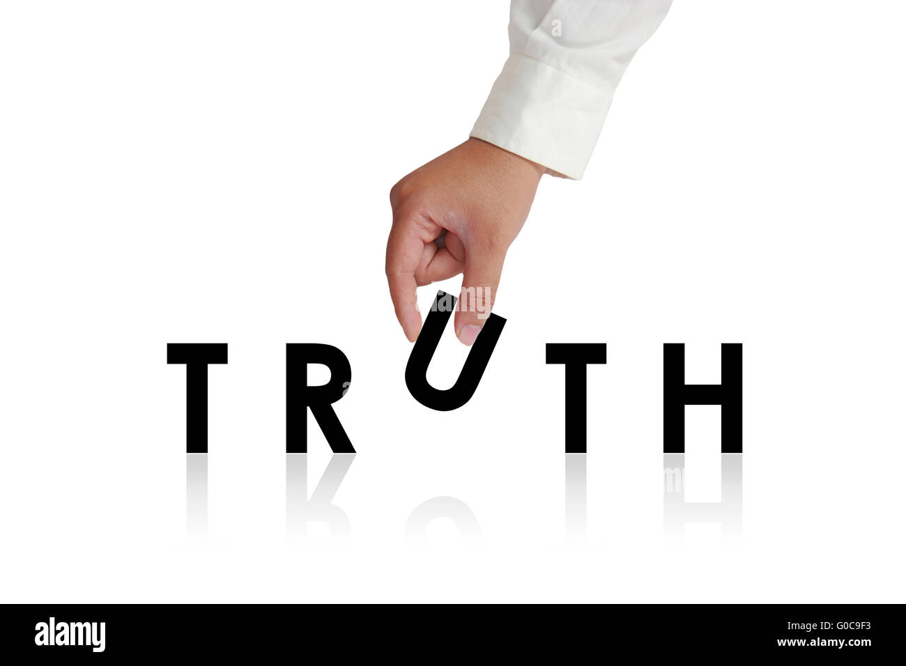 Geste de la main vers le haut des lettres et décisions mot vérité isolated on white Banque D'Images Geste de la main vers le haut des lettres et décisions mot vérité isolated on white Banque D'Images