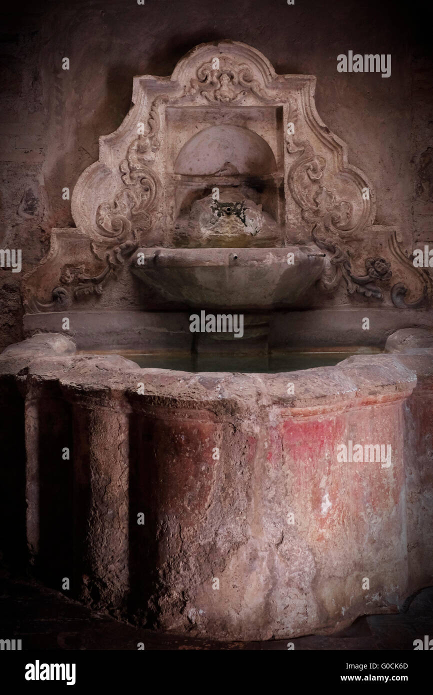 Une vieille fontaine à l'intérieur de l'hôtel Casa Santo Domingo à Antigua Guatemala, Guatemala. L'hôtel de luxe et le musée est situé sur le terrain de la monastère de Santo Domingo, qui était autrefois un bastion de l'un des plus grands couvents dans les Amériques. Banque D'Images