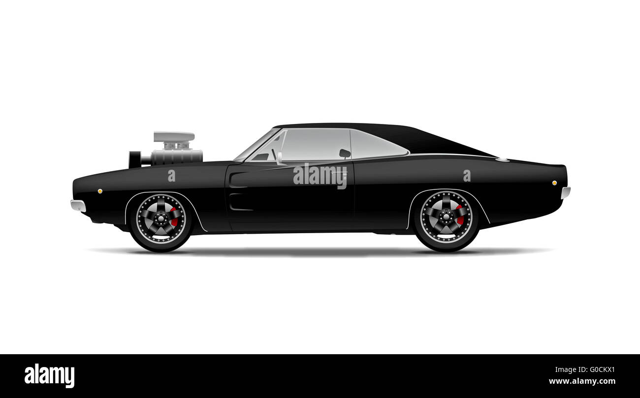 Muscle car noir avec supercharger Banque D'Images