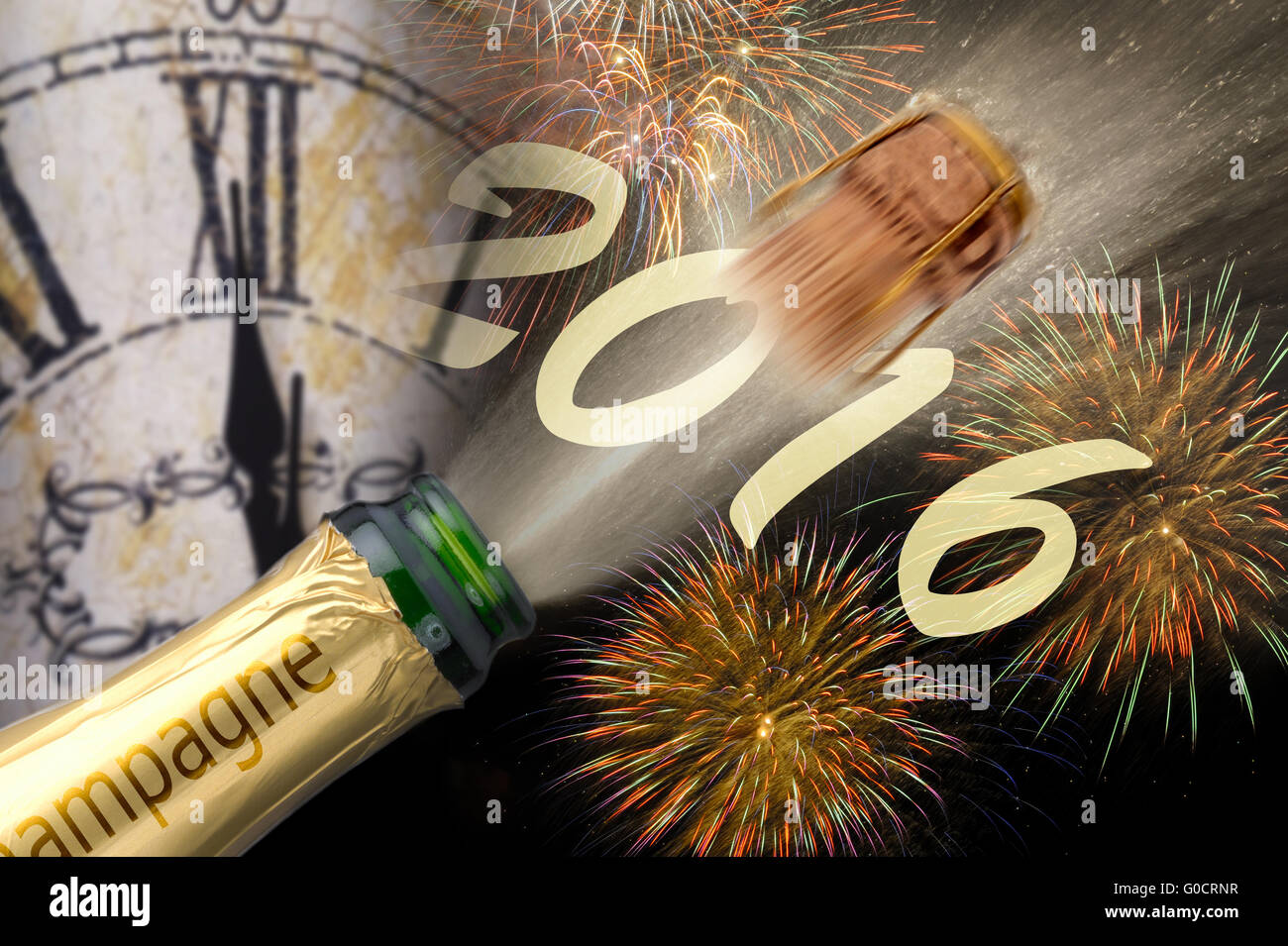 Bonne année 2016 avec popping champagne et de sapin Banque D'Images