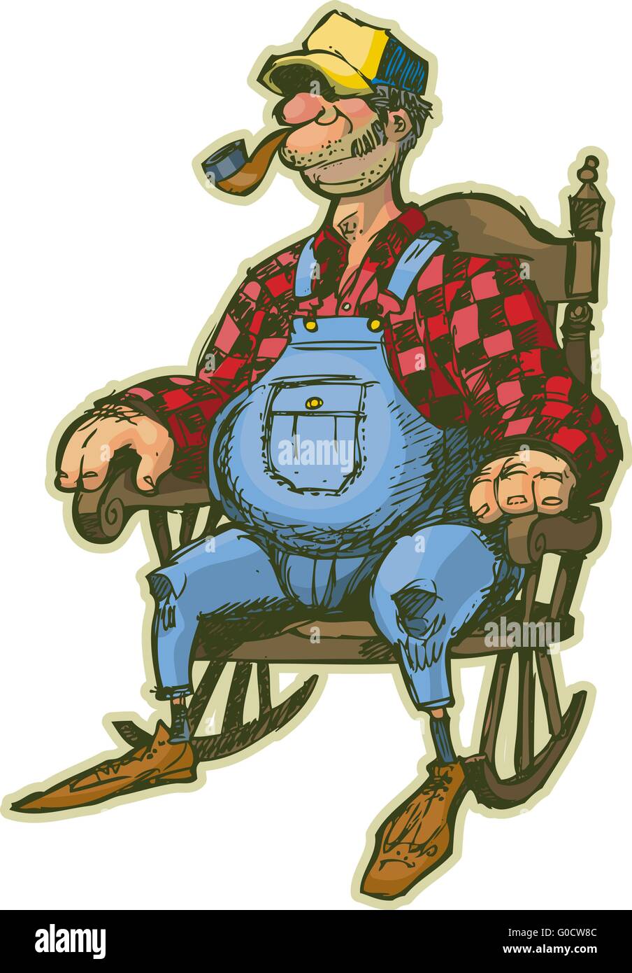Un vecteur caricature d'un homme âgé dans un rocking-chair. Ressemble à un agriculteur ou une personne qui vit dans le pays. Illustration de Vecteur