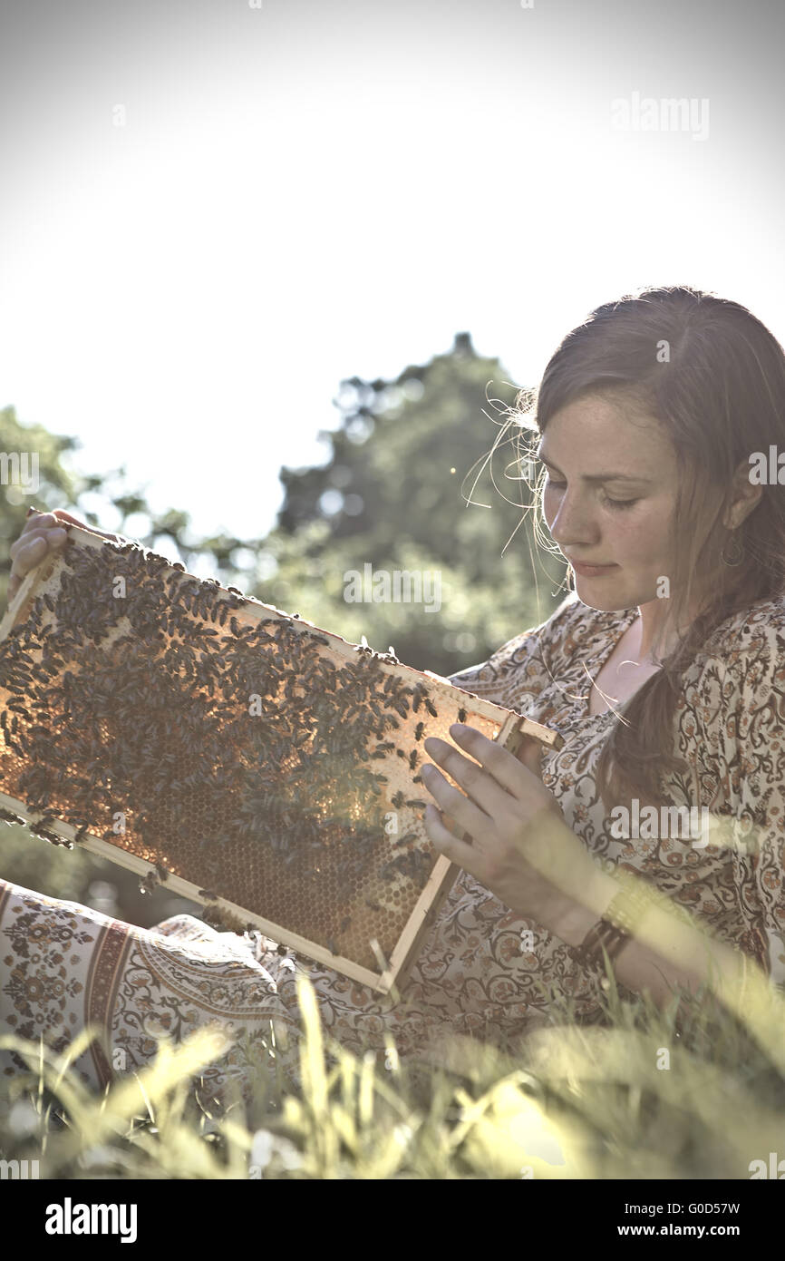L'apiculteur femelle avec plein d'abeilles avec des abeilles Banque D'Images