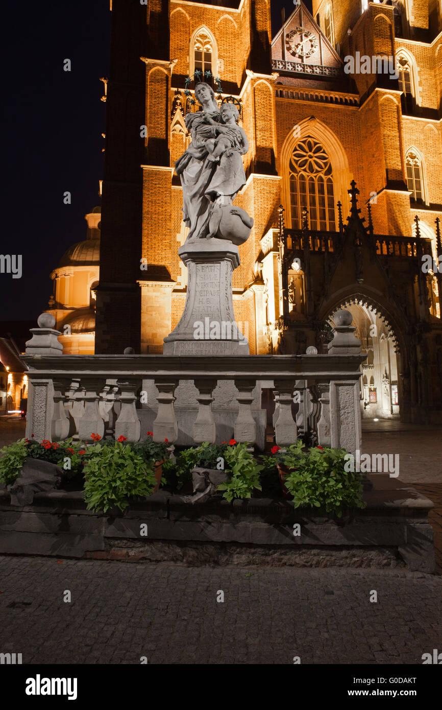 Statue de St Mary à l'enfant la nuit, Cathédrale de Saint Jean Baptiste dans l'arrière-plan, Ostrow Tumski, Wroclaw, Pologne Banque D'Images