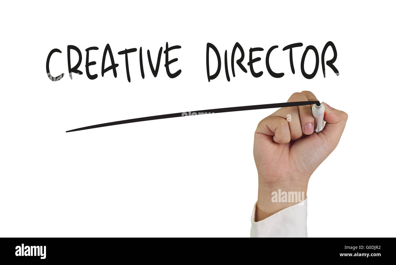 Concept d'image d'une main tenant le marqueur et écrire Directeur Créatif isolated on white Banque D'Images