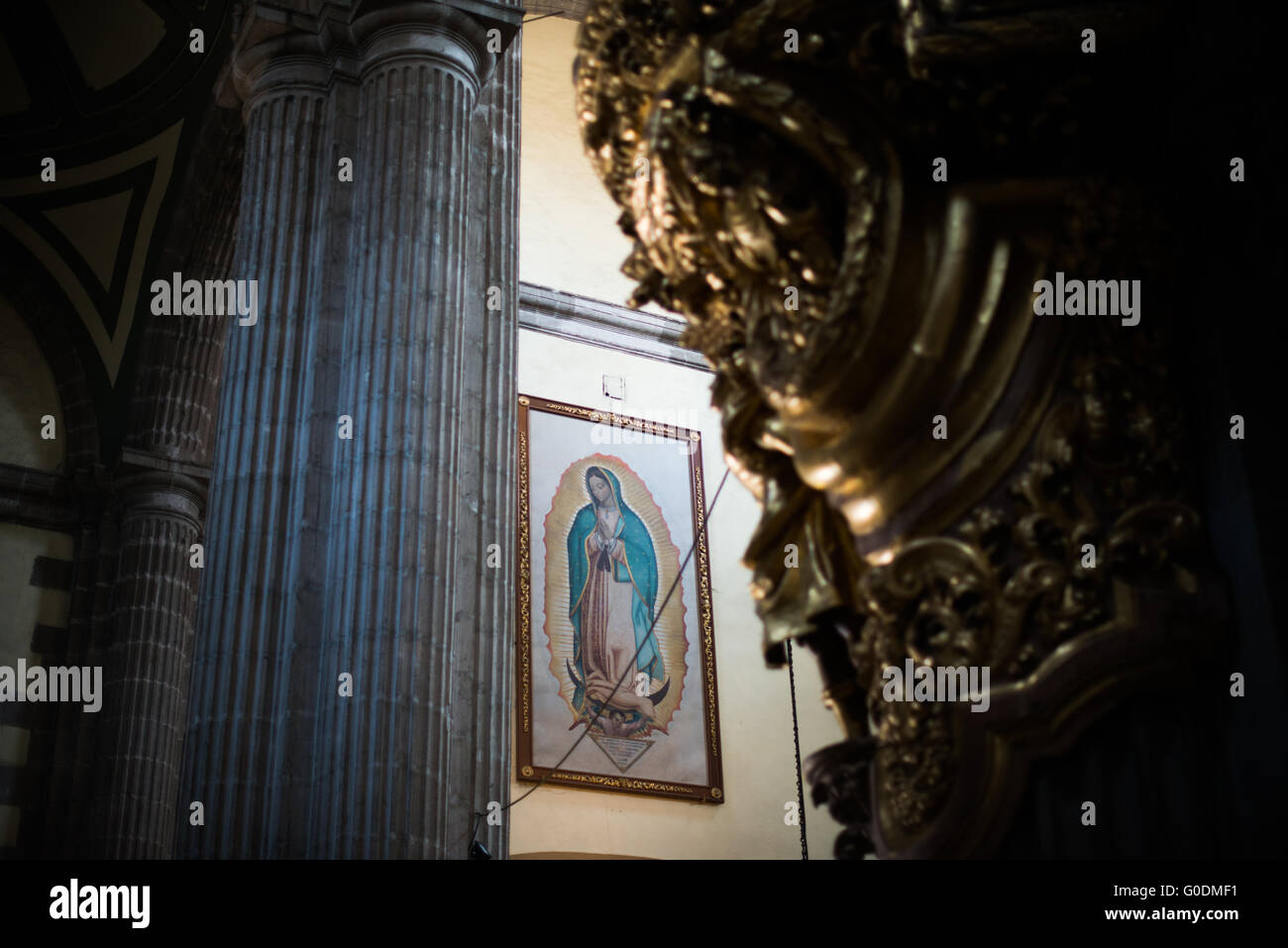 Peinture de notre-Dame de Guadalupe Cathédrale métropolitaine de Mexico // MEXICO CITY, Mexique — peinture de notre-Dame de Guadalupe exposée dans une chapelle de la Cathédrale métropolitaine de l'Assomption de la très Sainte Vierge Marie au ciel. La cathédrale métropolitaine, construite par étapes de 1573 à 1813, est la plus grande cathédrale des Amériques et sert de siège à l'archidiocèse primat de Mexico. La cathédrale dispose de 16 chapelles latérales, y compris des espaces dédiés à la dévotion à notre-Dame de Guadalupe, la sainte patronne du Mexique. Construit sur le site de l'ancien Templo Mayor aztèque, th Banque D'Images