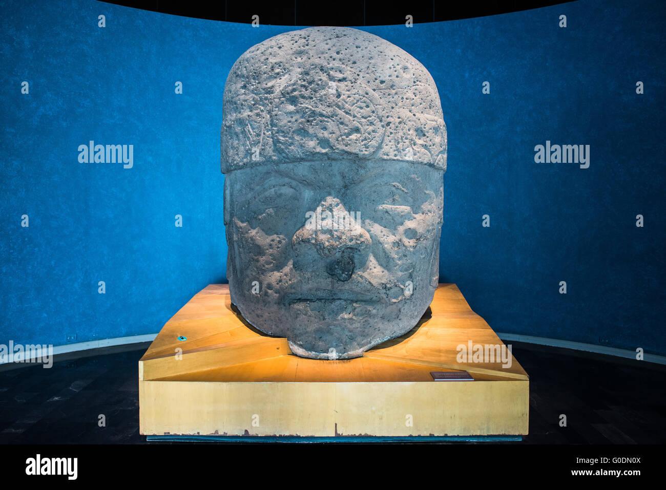 La VILLE DE MEXICO, MEXIQUE--une tête colossale (ou Cabeza Altivo) basalte sculpté de de la culture olmèque et datant d'autour de 1200-600 av. Le Musée National d'anthropologie en vedette d'importants artefacts archéologiques et anthropologiques de l'époque pré-colombienne du Mexique, y compris son patrimoine et cultures aztèque indiginous. Banque D'Images