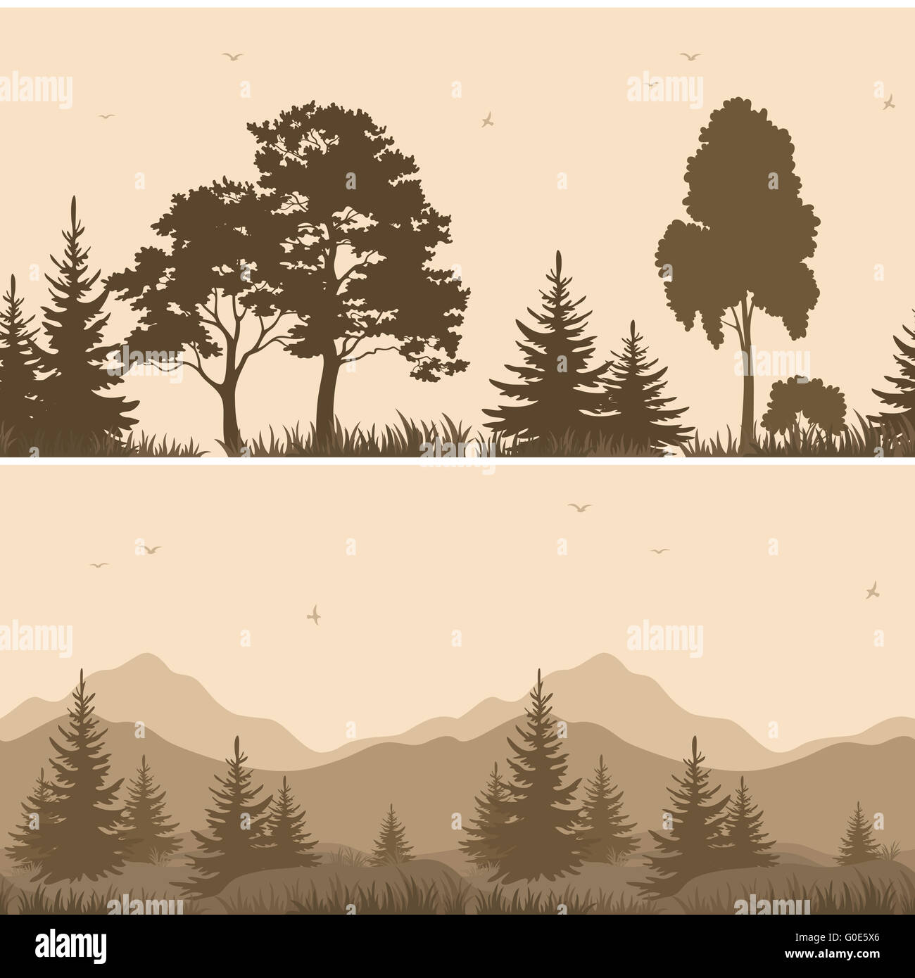 Paysage de montagne transparente d'arbres Silhouettes Banque D'Images